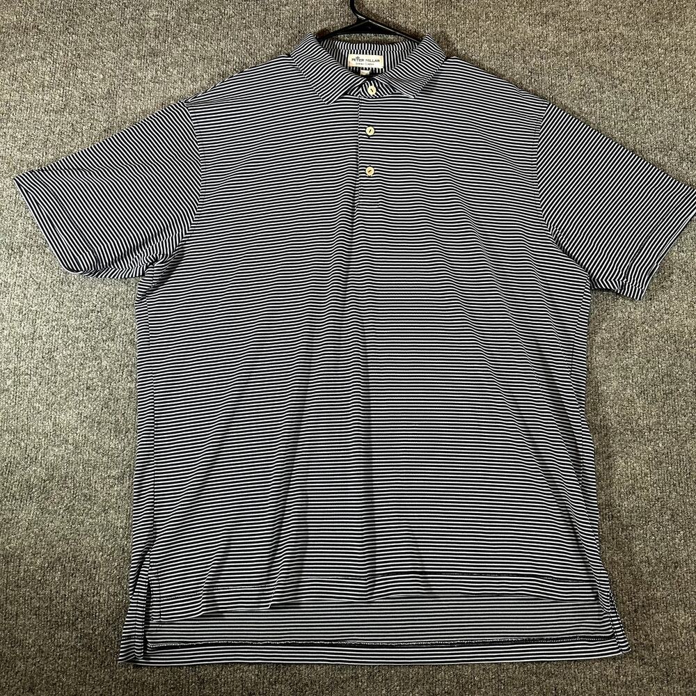 Peter Millar Summer Comfort Men’s L Navy Blue Stripe Golf Polo Performance